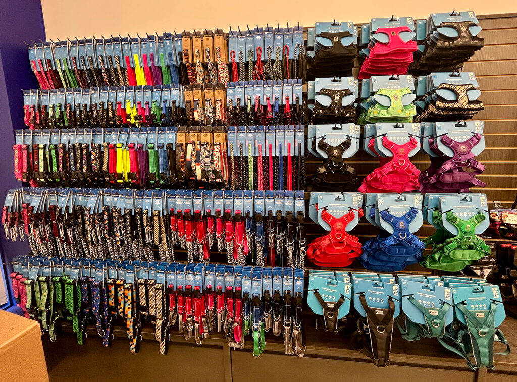 RC Pets harness, leashes and other pet accessories on display in a retail store
